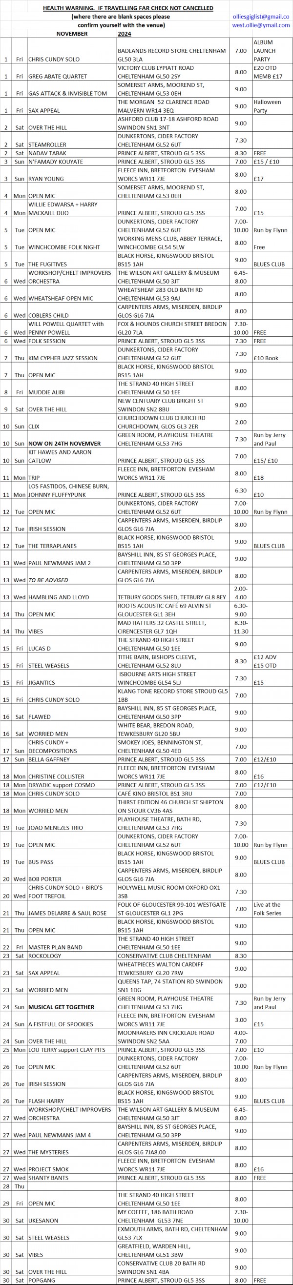 ollie gig list nov 24